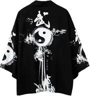 [Wedhapy] Kimono Cardigan Men, Bathrobe Dressing Gown Robe Cardigan Men Three Quarter Sleeves with Yin Yang Print Unisex Loose Blouse Summer Tops