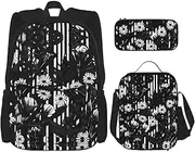 Black And White Striped Flowers Backpack With Lunch Box And Pencil Case 3 In,Kawaii Backpacks With Lunch Bag Matching Combo