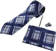 [Zasel] Mens Navy & Silver Checkered Matching Neck Tie, Pocket Square, Cuff Links And Tie Clip Set Navy, Silver, Midnight Blue