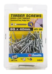 Zenith HINGE-LONG THREAD TIMBER SCREWS 6Gx40mm 100Pcs Countersunk, Zinc Plated