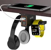 ALACOO Under Desk Headset Holder Mount Headphone Stand Holder Hanger with 2 USB +1 Type C Charge Ports and Smart Watch Charging Dock Dual Earphone Hanger Hook Gaming Headphone Hook for All Headphones