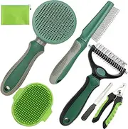 Dog Brush for Shedding, 7 PCS Dog Grooming Brush Kit Including Undercoat Rake, Slicker Brush, Dematting Comb, Nail Clipper, Bath Brush for Long & Short Haired Dogs, Cats (Green)