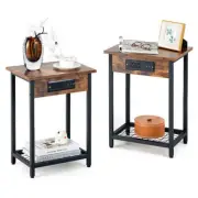 2 Pieces Bedside Nightstand Set with Open Shelf and Charging Station-Rustic Brow