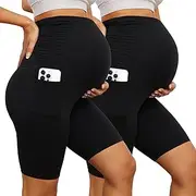 [YOLIX] 2 Pack Maternity Shorts Over Belly, High Waisted Black Workout 8” Pregnancy Biker Shorts with Pockets