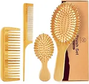 MoyRetty Bamboo Hair Brush Comb Set - Natural Wooden Hairbrush Paddle Detangling for Thick Thin Curly Straight Wavy Dry Fine Hair, Men Women and Kids, Static-Free(4 Pcs) Yellow