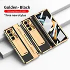 360 Case For Samsung Z Fold5 Z Fold4 Fold6 Plating Leather Glass Stand Cover+Pen