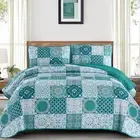 Teal Quilt Set Queen Size, Boho Turquoise Plaid Patchwork Bedspreads Coverlet...