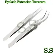 2 Pcs Eyelash Extension Tweezers Straight & Curved Stainless Steel Set