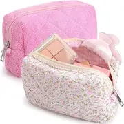 Paterr 2 Pcs Cotton Quilted Makeup Bag Plush Cosmetic Bag Floral Makeup Bag Checkered Makeup Pouch Coquette Aesthetic Toiletry Bag with Zipper, pink, white
