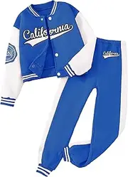 [Hilinker] Girls Outfits 2 Piece Activewear Long Sleeve Baseball Jacket and Sweatpants Set Tracksuit