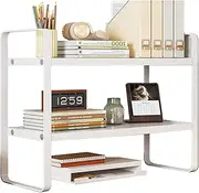 2 Tier White Desktop Bookshelf with Metal Frame, Multifunctional Desktop Organizer Shelf, Rack Suitable for Kids Office Storage (Size: 40 * 20 * 36 CM)