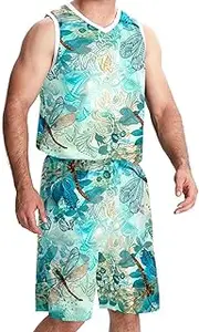 [KQNZT] Basketball Jersey and Shorts, Jerseys for Men, Men's Lightweight Rec Tanks, Vintage Abstract Peacock Feather Dragonfly Paisley