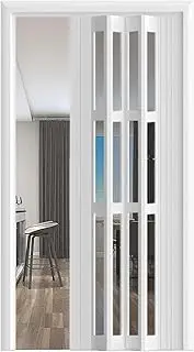 KOQENAG Folding Door, Indoor Folding Doors, Retractable Cabinet Door, White Aluminium and Acrylic, Multifold Sliding Folding Door, Space-Saving, for Bathroom, Kitchen, Laundry Room (64 x 80 inches