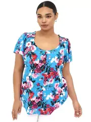 TORRID ( 5X 28) Rayon Slub Button-Front Flutter Sleeves Top Blue Floral Blouse