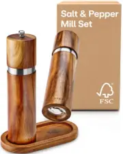 Salt and Pepper Grinder Set Wooden with Tray – Made from FSC® Acacia Wood – Adju