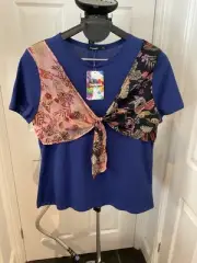 Desigual Top Size XL Uk 16 NEW TAGS purple Tie Front Funky Design T Shirt Logo