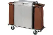Dolphy Stainless Steel Housekeeping Trolley 140x45x106 cm - Brown Hotel Cleaning Cart with Lockable Cabinet, Side Bags & Heavy-Duty Wheels
