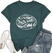 [Wiadex] Womens Hiking Mountain T Shirts Sunrise Pine Tree Camping Graphic Printed Tees Casual Short Sleeve Athletic Workout Tops