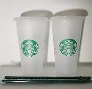 Starbucks 2 Pack Reusable Venti Frosted Cold Cup with Lid and Green Straw w/Stopper