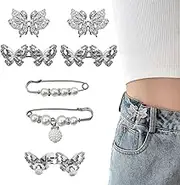 6 Set Pant Waist Tightener Butterfly Buttons Pins for Loose Jeans Reusable Waist Cincher Clip Pearl Brooch for Clothing Skirts Dresses No Sewing Decoration Accessories