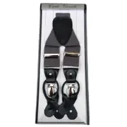 Mens Premium Convertible Suspenders Braces Clip On Elastic Y-Back Traditional Leather Tab - Dark Grey