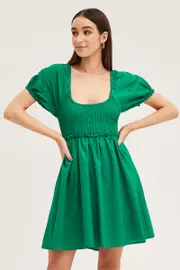 Green Puff Sleeve Linen Shirred Skater Dress - Size 6, Women's Skater Dress