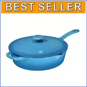 Stylish Turquoise Enameled Cast Iron Skillet - 5 Qt with Lid, Ideal for Roasting