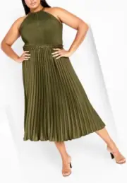 CITY CHIC Isobel Pleated Dress in Khaki Plus Size Medium/18 NWT [RRP $159.95]