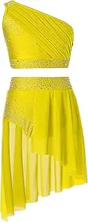 [Jugaoge] Girls Lyrical Dance Dress Shiny Rhinestones Crop Top with Skirted Leotard 2-Piece Ballet Dance Outfits