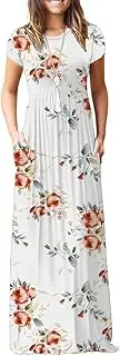 [AUSELILY] Women Short Sleeve Loose Plain Casual Long Maxi Dresses with Pockets - - Small