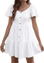 [SHINsuke] Women Cute Summer Button Up Mini Dress, Solid Ruffle Short Sleeve Round Neck Casual Spring Short A-Line Dresses