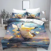 v2980 Bed Sheets PokMon Duvet Cover Set Universal, Suitable For Children And Adults Bedding Comforter Sets King Size Double 3-Piece Bedding Set (1 Duv