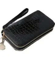 Black Patent Glossy Faux Crocodile Beautiful Fashion Double Zip Wallet