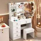 LED Light Slide Makeup Mirror Dressing Table Vanity Desk With 5 Drawers & Stool