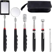 Swpeet 6Pcs Magnetic Telescoping Pick-up Tool Kit, Round and Square 360 Swivel Adjustable Inspection Mirror, Including 15 lb/ 10 lb/ 8 lb/ 1.5 lb Pick Up Rod with LED Light (Carry Case Included)