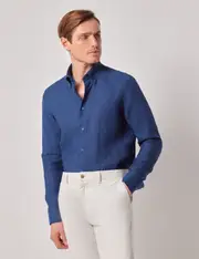 Hawes & Curtis Marine Blue Pure Linen Slim Shirt | Button Down Collar Size: XL