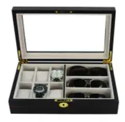 6 WATCH 3 EYEGLASS EBONY WOOD WALNUT STORAGE DISPLAY GLASSES CASE ORGANIZER BOX