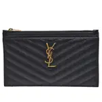 YSL MONOGRAM系列V字縫線小牛皮金屬LOGO拉鍊手拿/零錢包(黑色)