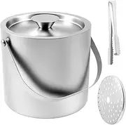 3L Ice Bucket with Handle Double Wall Insulated Ice Container Bin Stainless Steel Icing Cube Container with Clip Strainer for Cocktail Bar Parties(Silver)