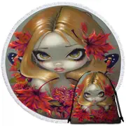 Big Eyed Fairy Portrait the Red Maple Leaves Fairy Round Beach Towel