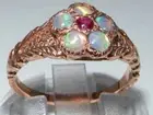 Luxury 9ct Rose Gold Ladies Ruby & Fiery Opal Vintage Style Cluster Ring