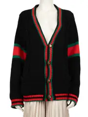 Black Wool Cable Knit Wed Stripe Cardigan