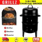 3-IN-1 CHARCOAL BBQ GRILL SMOKER ROASTER - STEEL GRILL - MULTI LAYERS WITH HOOKS