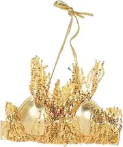 [GAROZATION] Sequin Top for Women Latin Dance Crop Top Tassel Bra Festival Outfit 1 Pc Golden