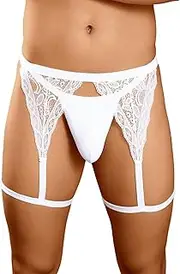 [FBIEE88TR] Men's Lace T-Back Sexy Lingerie Underwear Bulge Pouch Thongs Jockstrap Briefs Low Rise Garter Belts(White,Large)