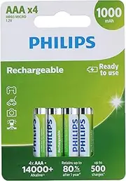 PHILIPS AAA Batteries - HR03 Rechargeable Batteries - NiMH 1.2V - 500 Recharges