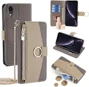 YOUULAR Wallet Case with Crossbody Strap Compatible for iPhone XR, Magnetic Handbag Zipper Pocket Cases PU Leather Flip Shockproof Cover with Kickstand for iPhone XR Gray