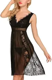 [Accessorize Kingdom] Women's Lace Floral Knee Length Babydoll Perfect for Special Nightwear Honeymoon