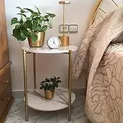 Marble Top Side Table Gold: 2 Tier Round Shape End Tables 40.5 x 55cm Sintered Stone Bedsides with Metal Golden Legs Modern White Nightstand Circular Sofa Corner Table for Living Room Reception
