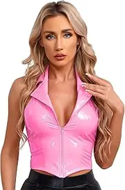 [Vxuxlje] Women's Shiny PU Leather Lapel V Neck Vest Top Halter Backless Slim Fit Zipper Crop Tops